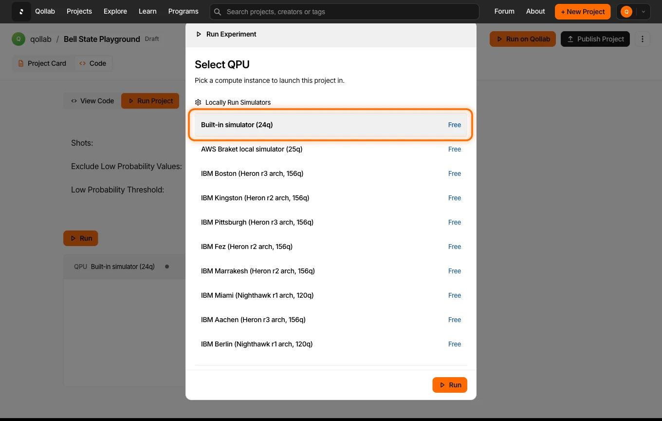 The Select QPU dialog, scrolled to its first group, Locally Run Simulators: a built-in simulator, an AWS Braket local simulator, and eight IBM noise-model simulators, each marked Free.