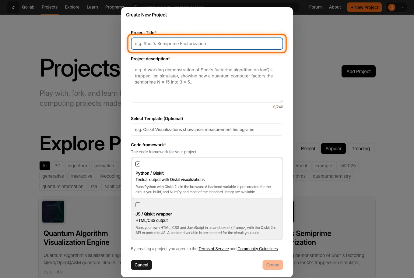 The create-project dialog with a Project Title field, a Project description field with a live character counter, an optional template picker, and a two-card code framework choice.