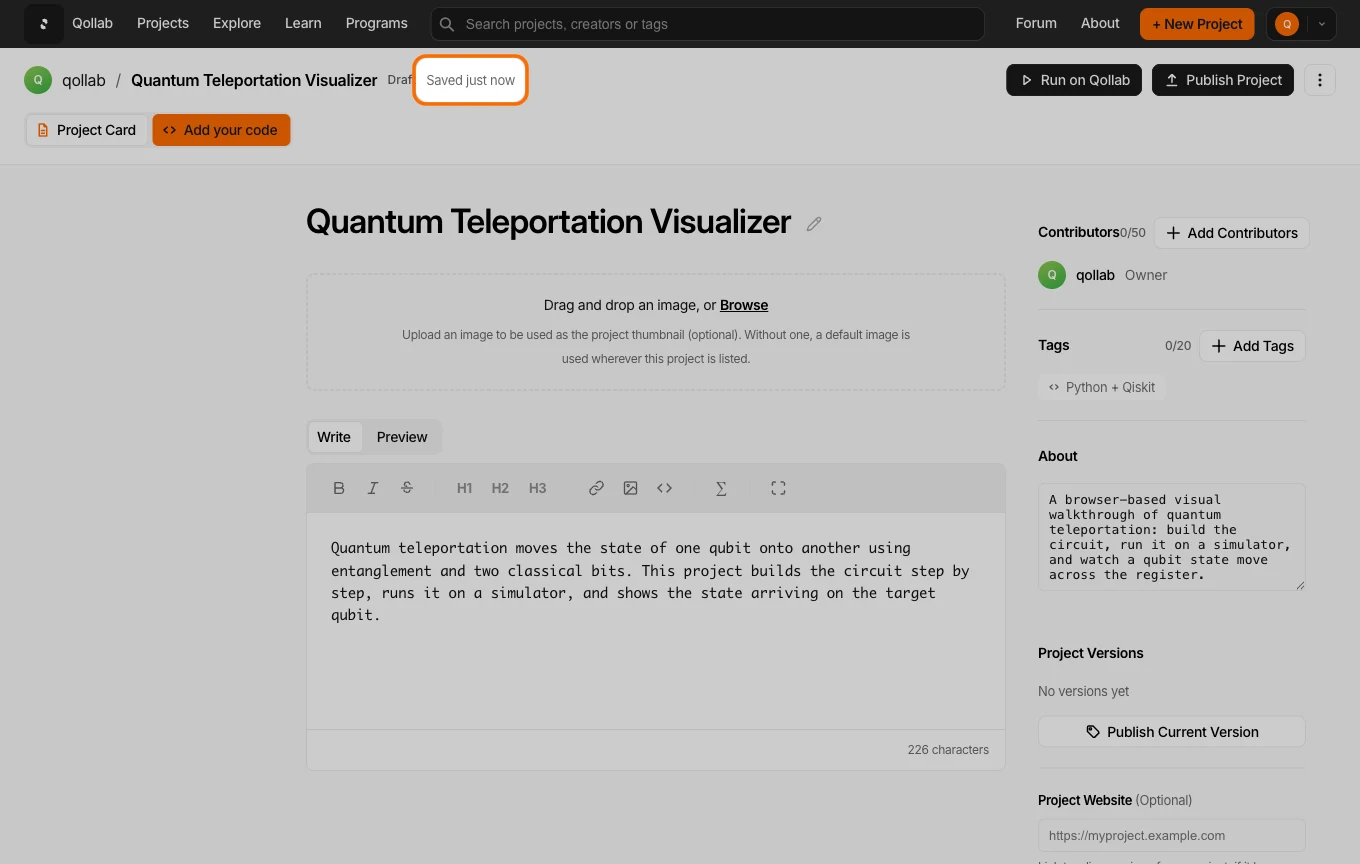 The Project Card tab in edit mode, showing the Markdown write-up editor, a Tags field, contributors, and repository and website link fields, with a save status line in the header.
