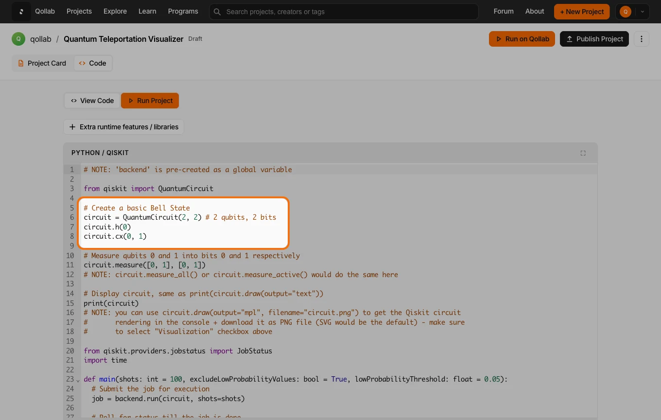 The Code tab, showing the Python and Qiskit editor preloaded with the two-qubit Bell state starter script.