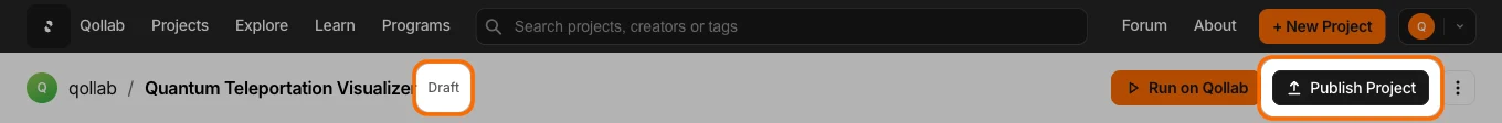 The project header showing the Draft label next to the project title and the Publish button, both highlighted in orange.
