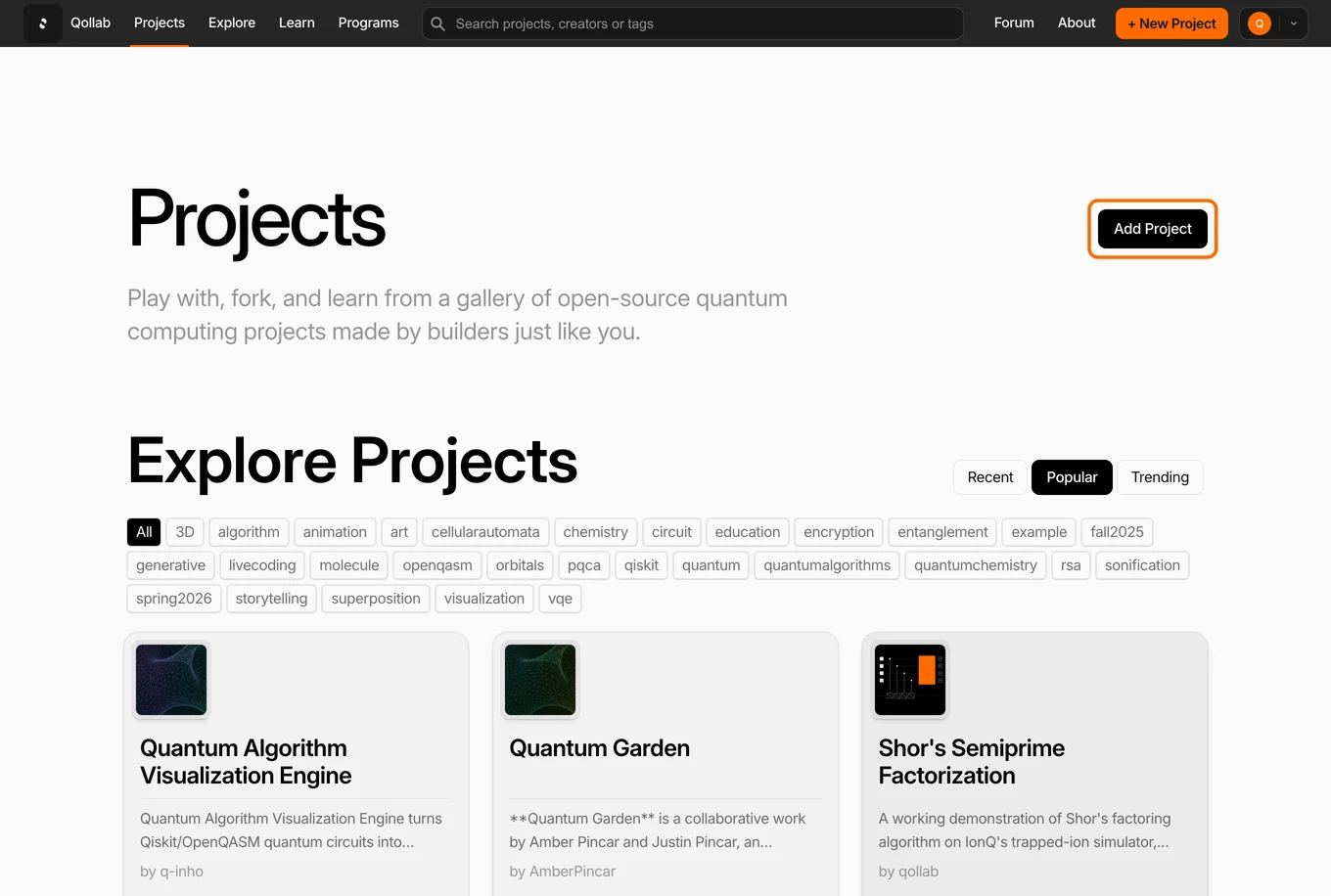 The Projects page with the Add Project button in the top right corner.