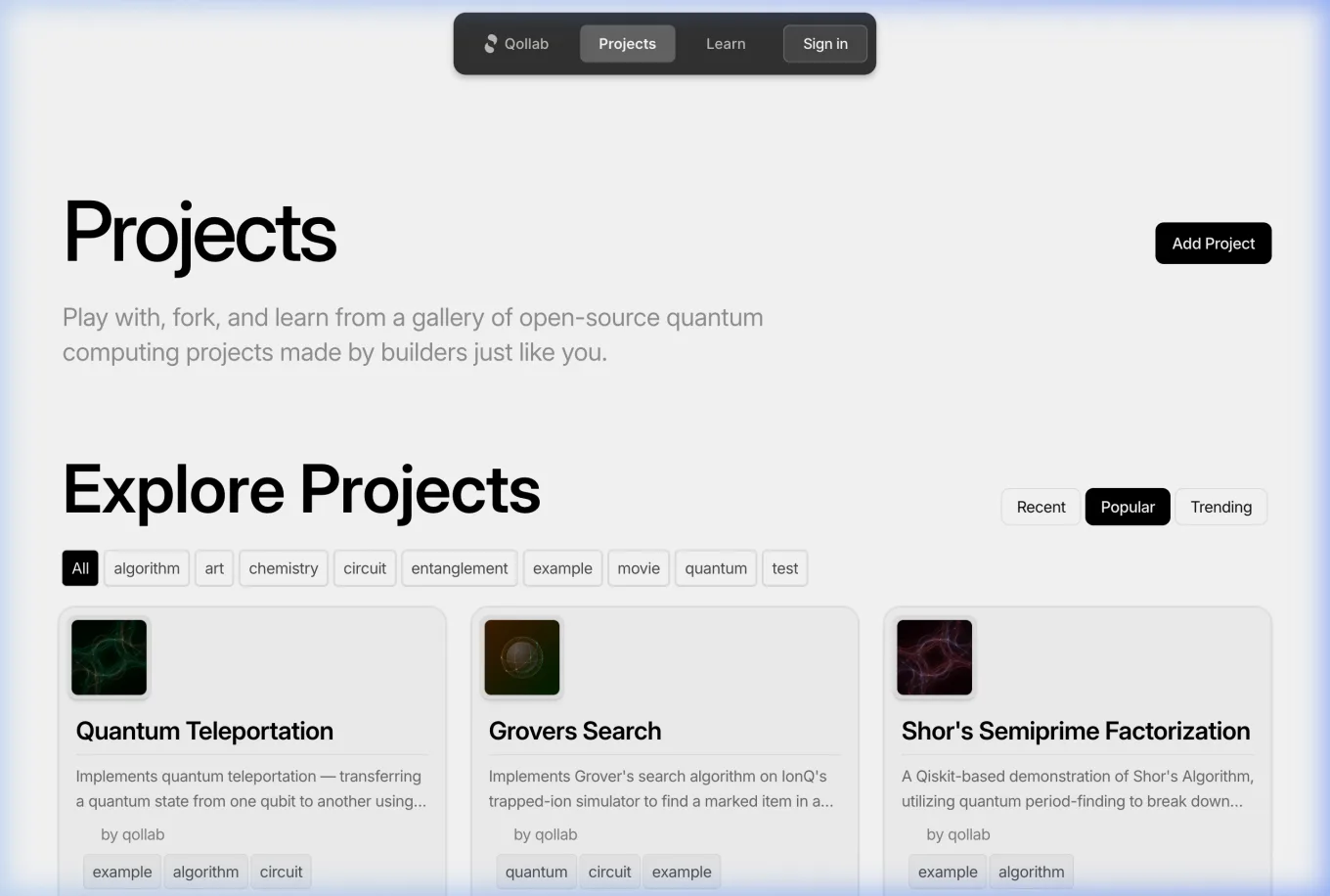 The Projects page showing the Add Project button in the top right corner