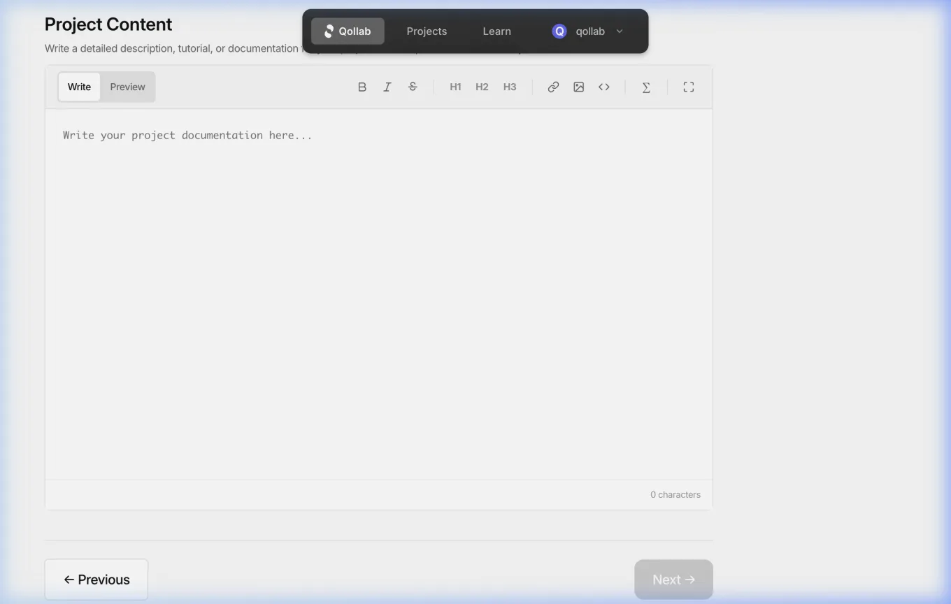 Step 2, Project Content markdown editor