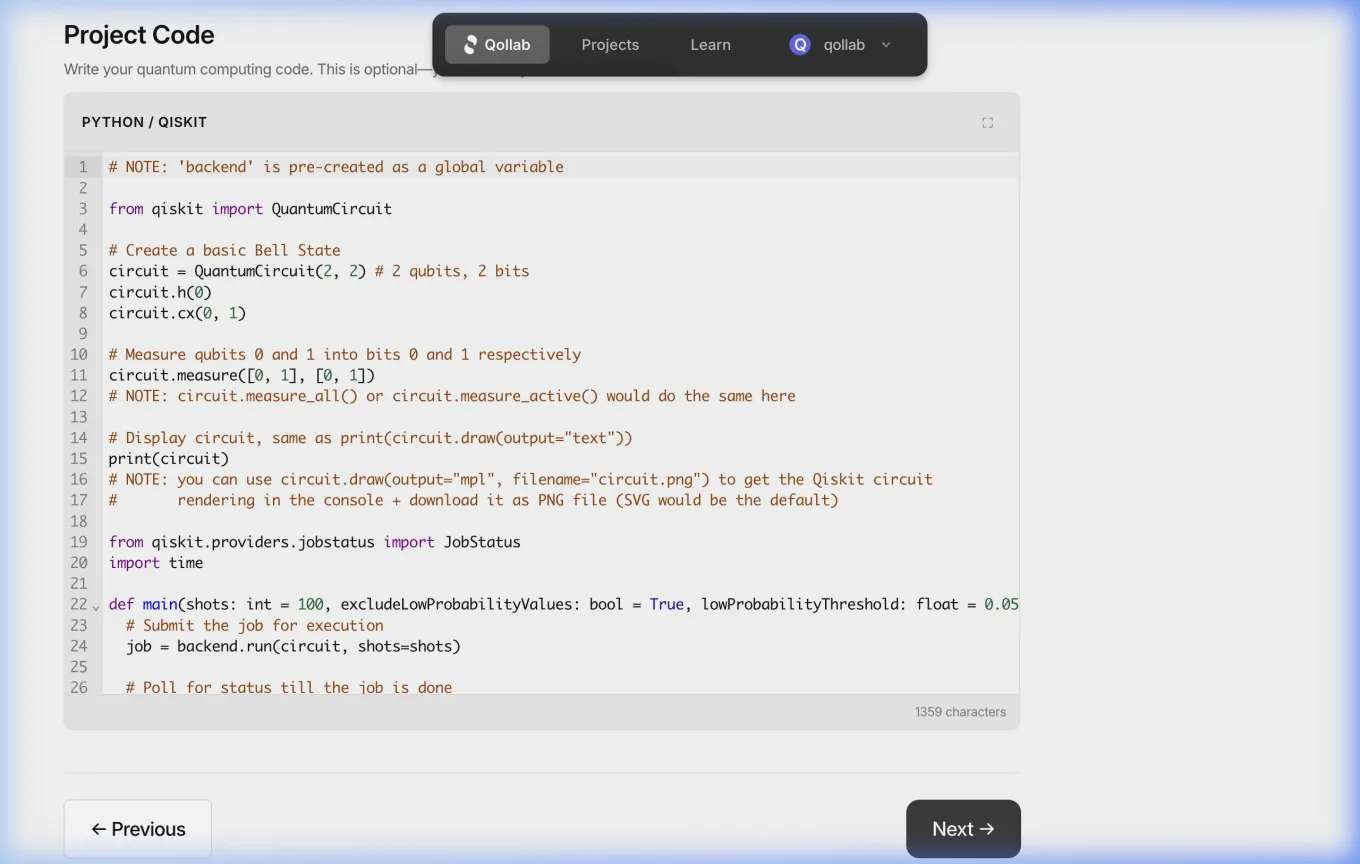 Step 3, Project Code editor with Python/Qiskit starter template