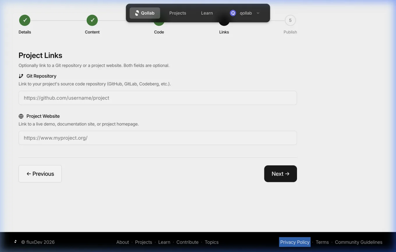 Step 4, Project Links with Git Repository and Project Website fields