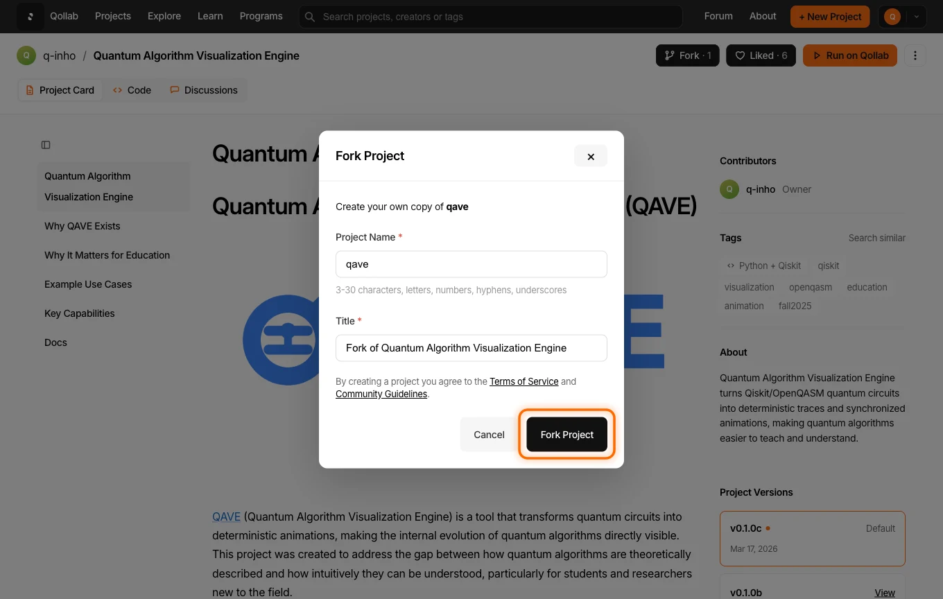 The Fork Project dialog, with a project name and title prefilled from the original and a Fork Project button.