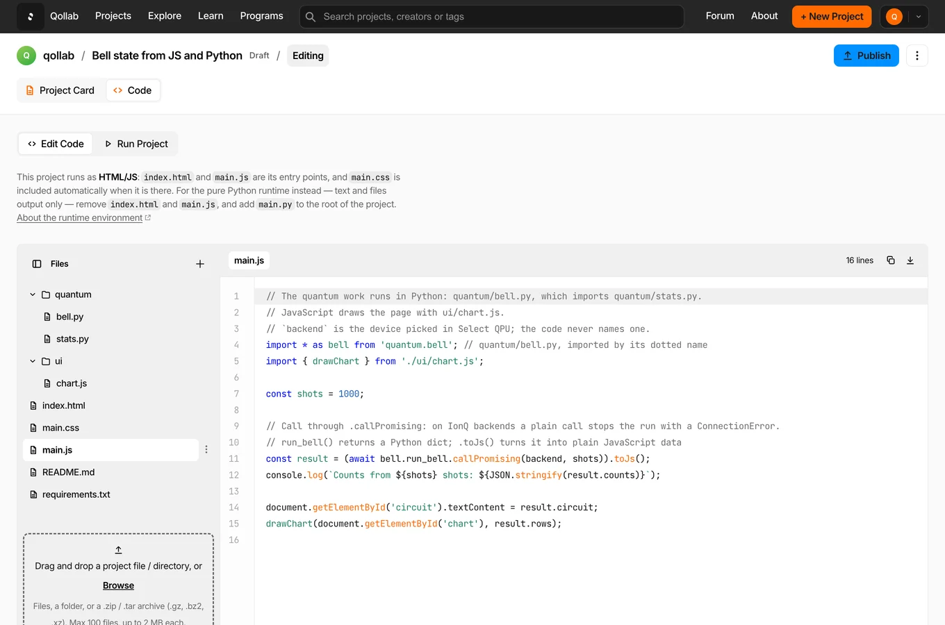 The Code tab of a JS project: a file tree with quantum and ui folders beside index.html, main.css and main.js, and main.js open in the editor.