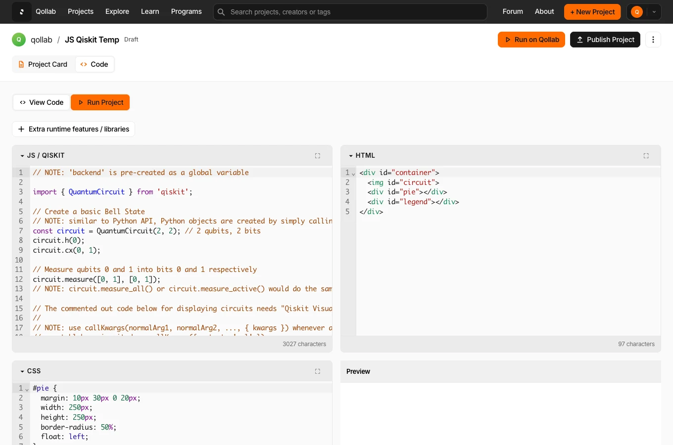 A JS/Qiskit project with four panes: JavaScript, HTML, CSS, and a live preview.