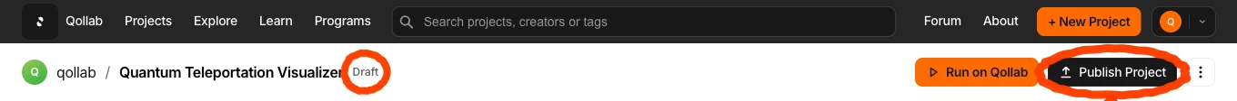 The project header showing the Draft label and the Publish button.