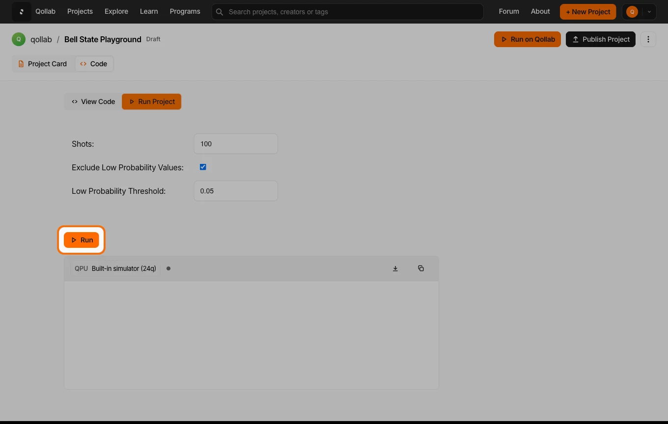 The runner in the Code tab, with a Shots field and a Run button.