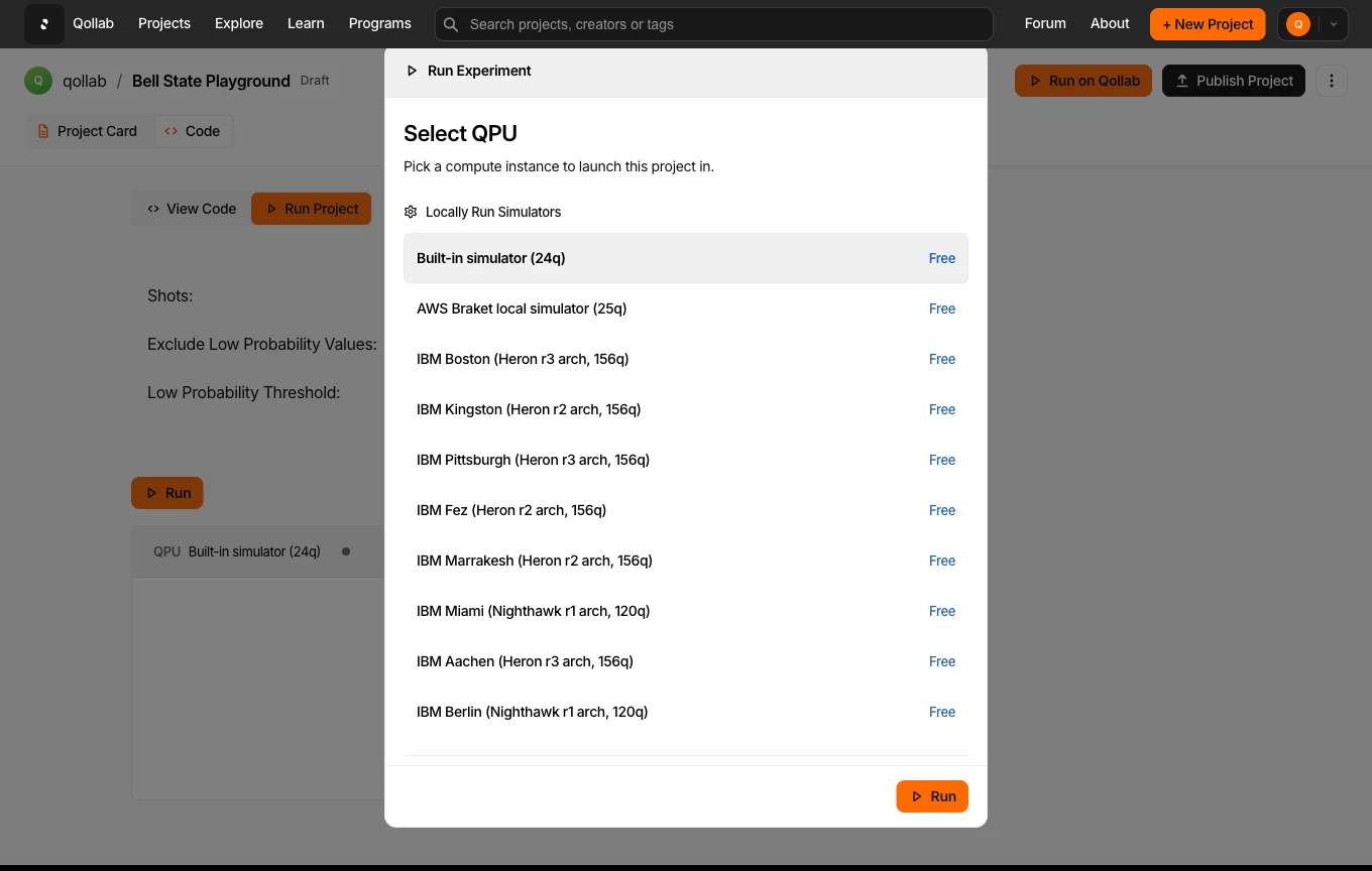 The Select QPU dialog, grouped into locally run simulators, remotely run simulators, and quantum computers.
