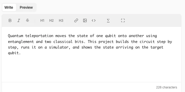 The Markdown write-up editor with a Write and Preview toggle and a formatting toolbar.