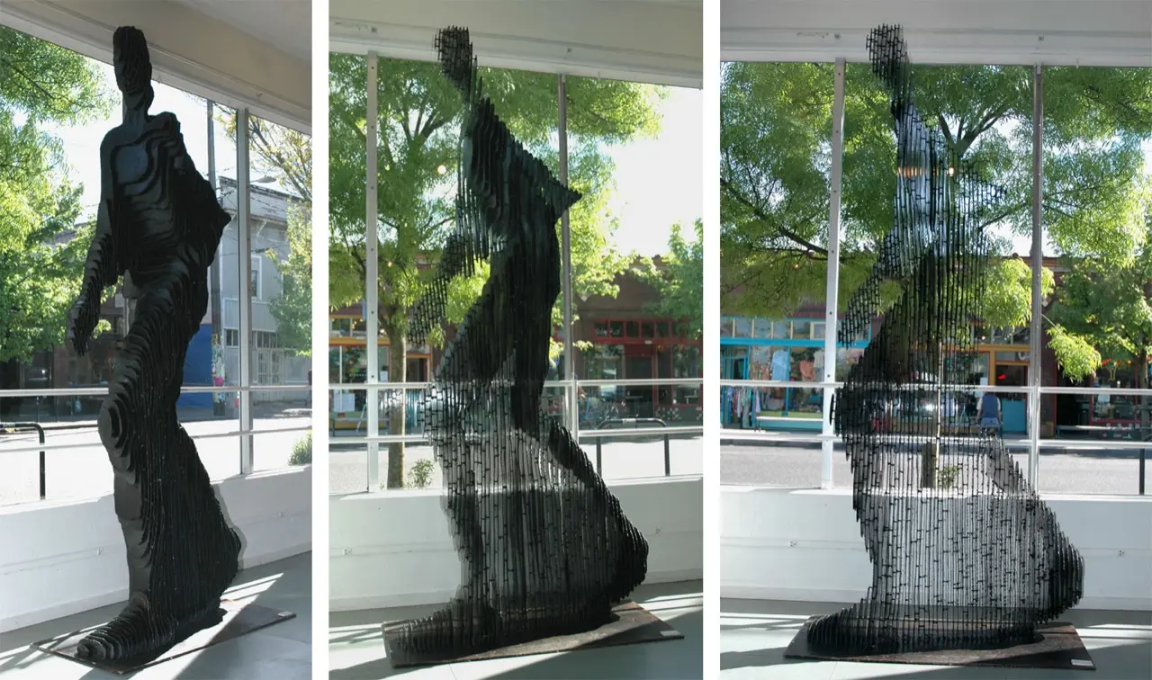 The same steel sculpture of a walking figure photographed from three angles: solid and legible head-on, breaking into stacked slats from an angle, and almost transparent edge-on