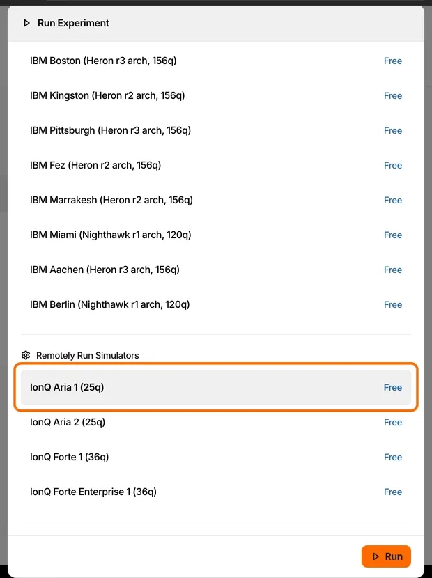 The Run Experiment dialog scrolled to its Remotely Run Simulators group: IonQ Aria 1 selected and highlighted, then Aria 2, Forte 1 and Forte Enterprise 1, all free, and the Run button