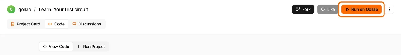 The project page header: the qollab breadcrumb, the Fork, Like and Run on Qollab buttons with Run on Qollab highlighted, and the Project Card, Code and Discussions tabs