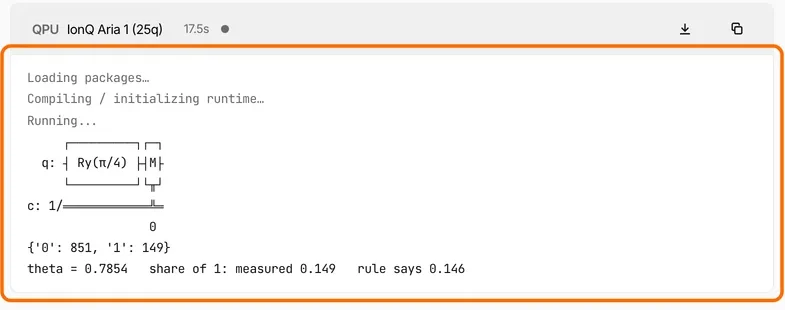 The run console after RY by pi over 4: the counts dict and the line theta = 0.7854, share of 1: measured, rule says 0.146
