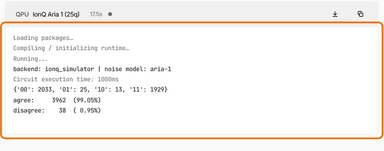 The run console: backend ionq_simulator with noise model aria-1, the counts dict, and the lines agree 3962 (99.05%) and disagree 38 (0.95%)