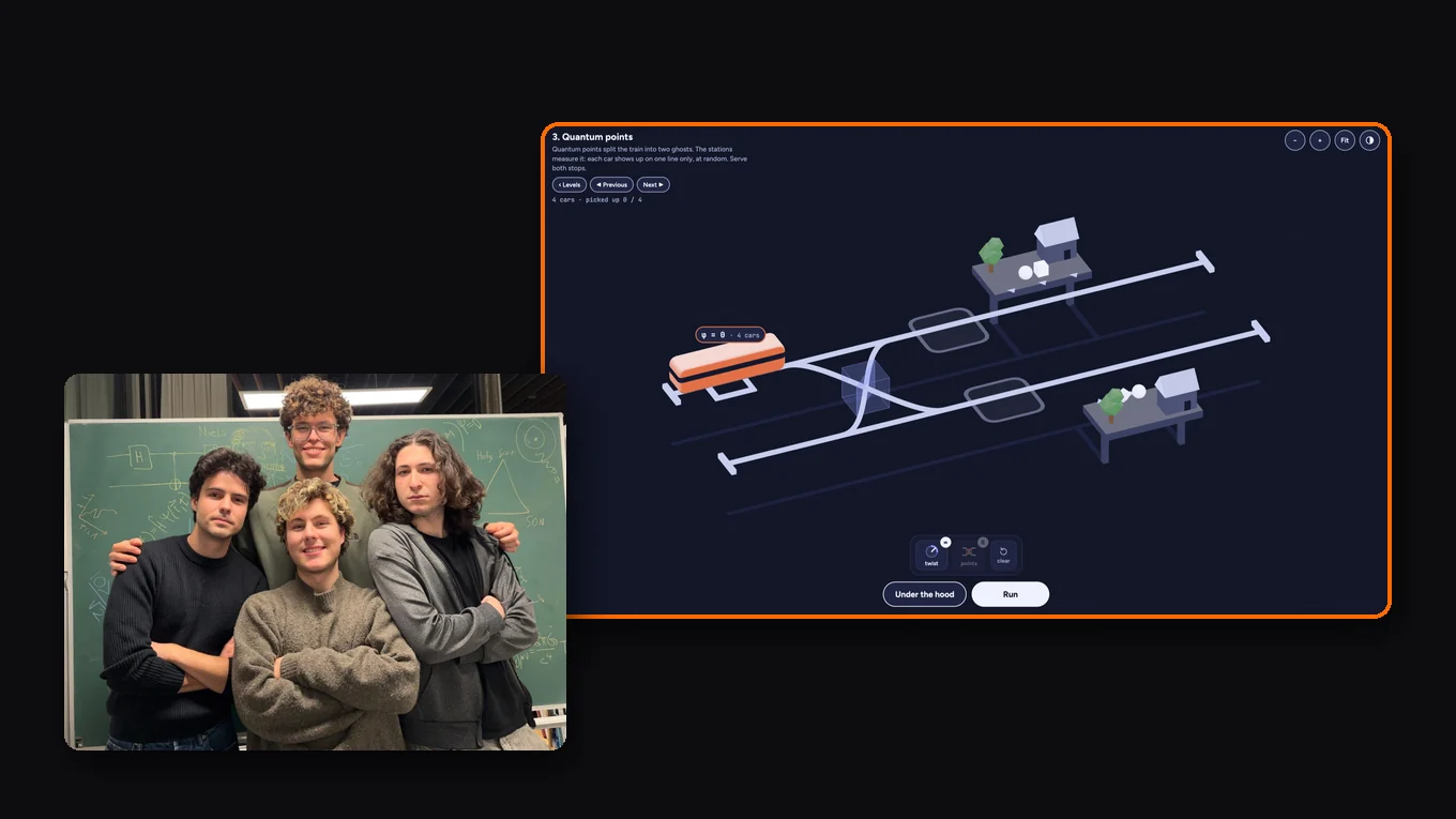 Tomáš Roch, Wiktor Dowgiałło, Stefan Bia and Benjamin Voelkert, with a screenshot of Quantrain