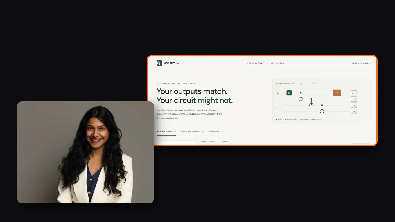 Shreya Girish Savadatti, with a screenshot of QVerify Lab: Catch the Quantum Errors Your Histogram Misses