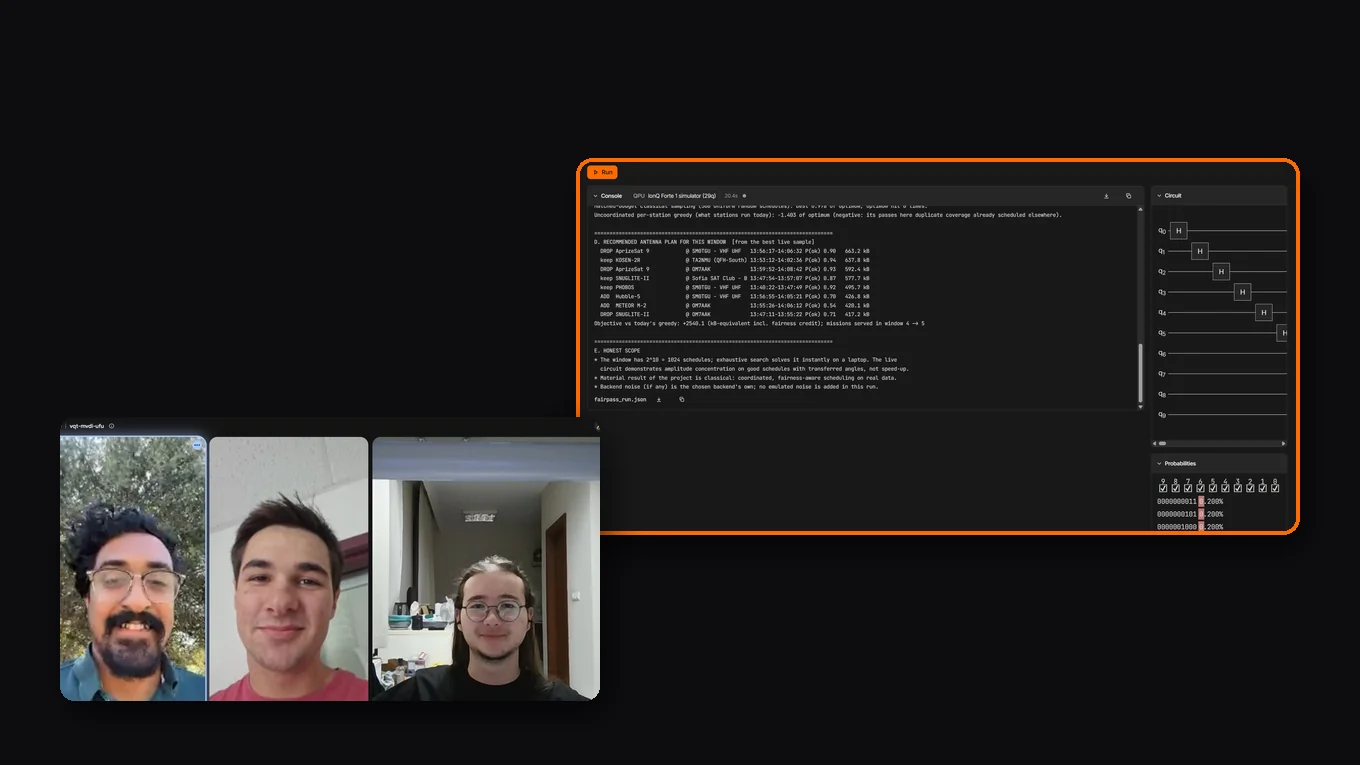 Team Superpositioned, with a screenshot of FairPass: fairness-aware contact scheduling for open ground-station networks