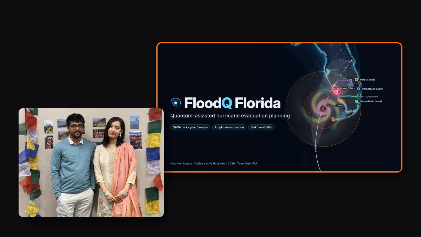 Dipak Dahal and Anuragi Thapa, with a screenshot of FloodQ Florida: Quantum Assisted Hurricane Evacuation Planning