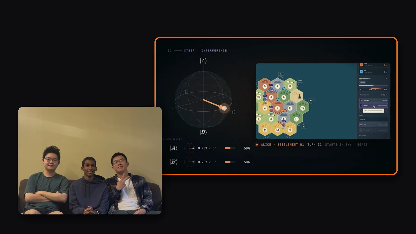 Kevin Gao, Nash Pillai and David Guo, with a screenshot of Fold: Quantum Settlers