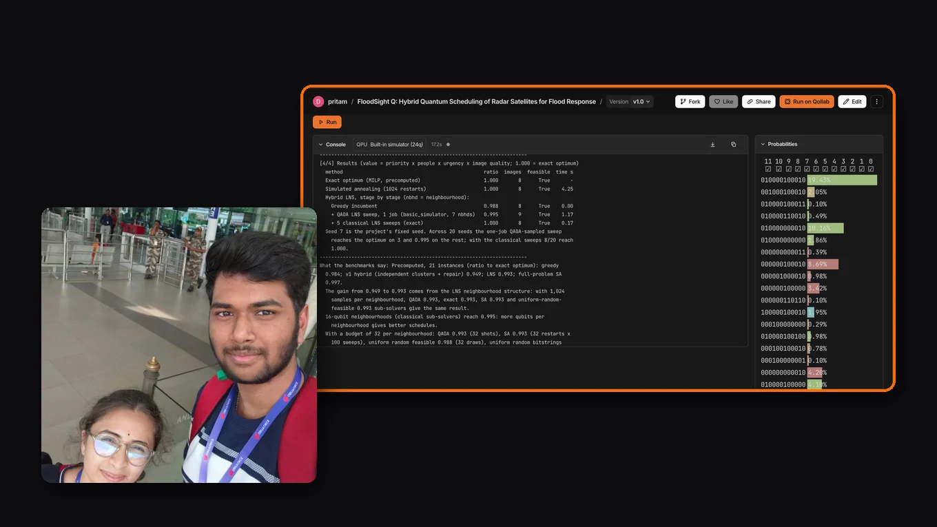Durga Pritam Suggisetti and Rama Soujanya Chatti, with a screenshot of FloodSight Q: Hybrid Quantum Scheduling of Radar Satellites for Flood Response