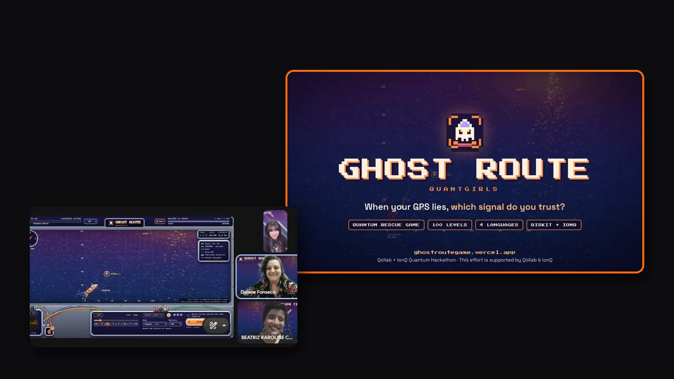 Beatriz Karoline Cordeiro da Silva, Daiane Fonseca and Sonia Janara Silva Barros, with a screenshot of Ghost Route: Quantum Rescue Game
