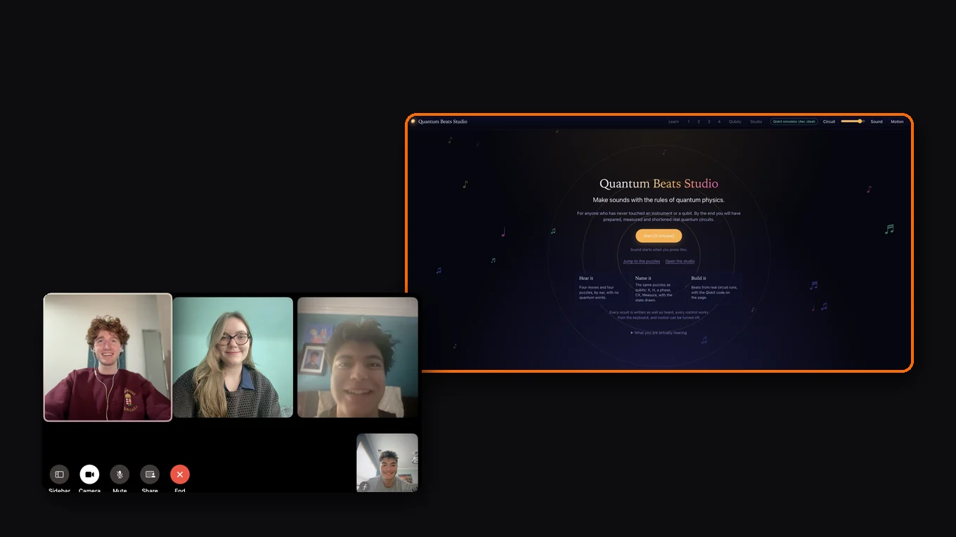 Dimitri Mignano, Liam Bergerson, Nickolaos Hatzigeorgiou and Emilia Szynwald, with a screenshot of Quantum Beats Studio
