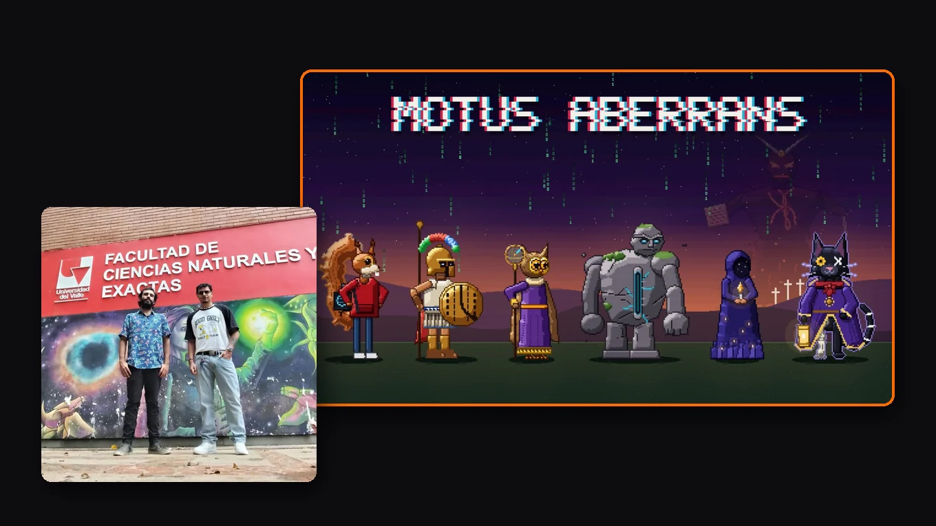 Jhon Esteban Peña Molina and Juan David Cuartas, with a screenshot of Motus aberrans