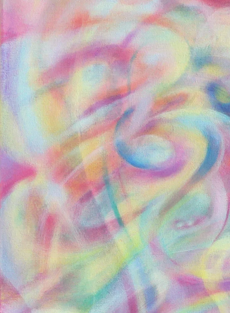 Detail of the painting: a butterfly-like form resolving out of soft pastel swirls