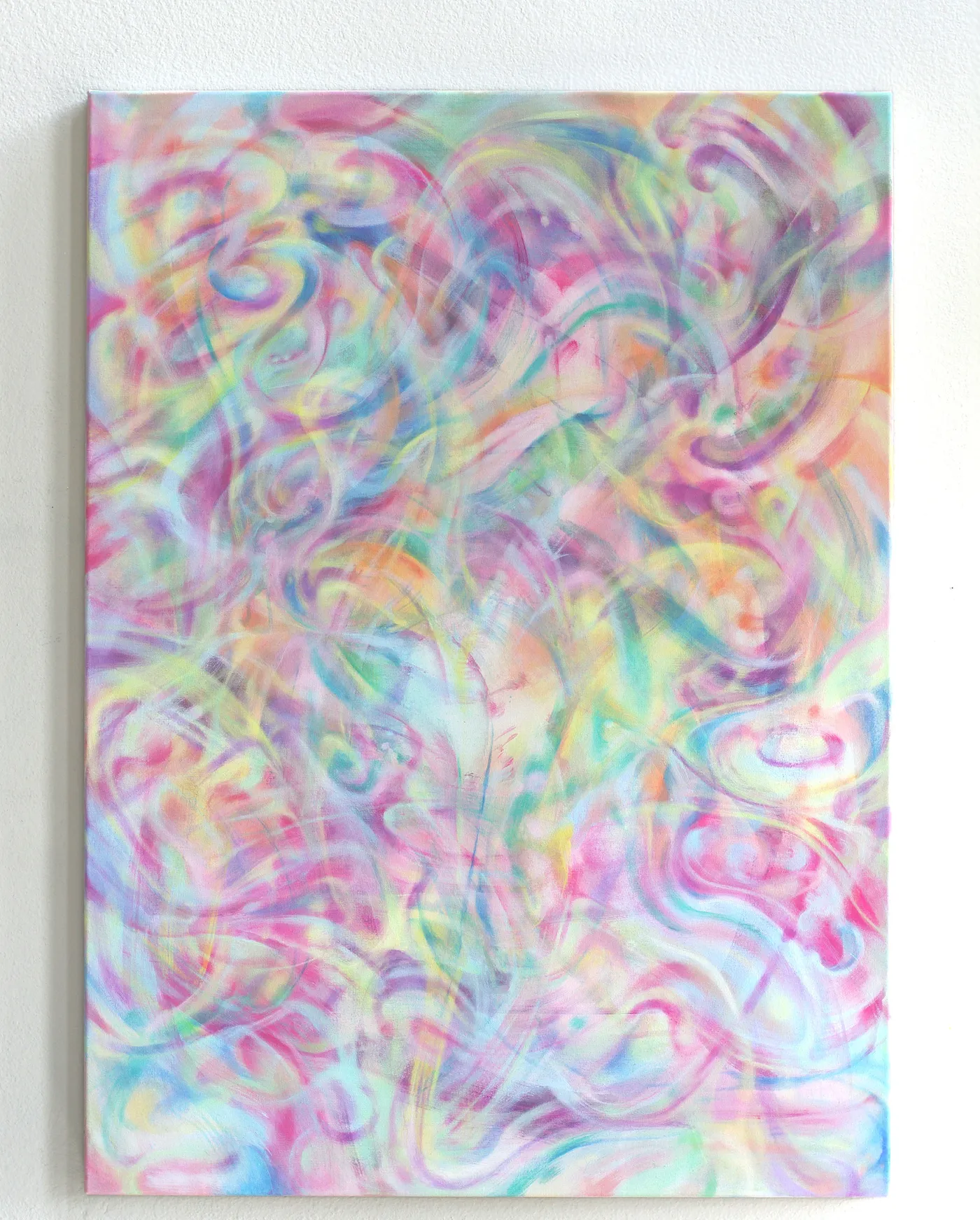 Xinyi Zhang's abstract painting LomiLomi: pastel butterfly-like forms blended into layers of ribbon-like entangled strands
