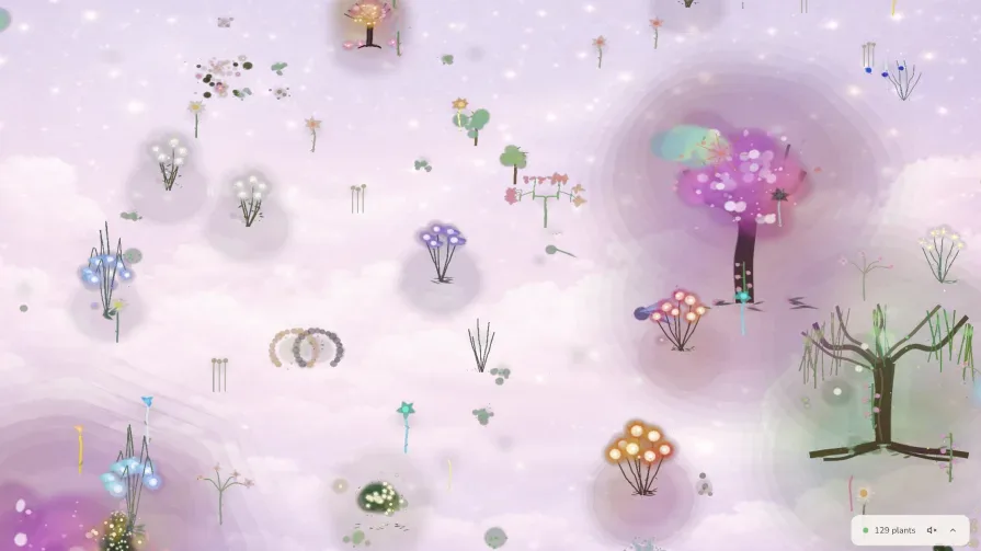Garden preview showing 131 digital plants scattered across a soft lavender canvas, with a detail panel open for a selected plant called 'Luminous Tulip'