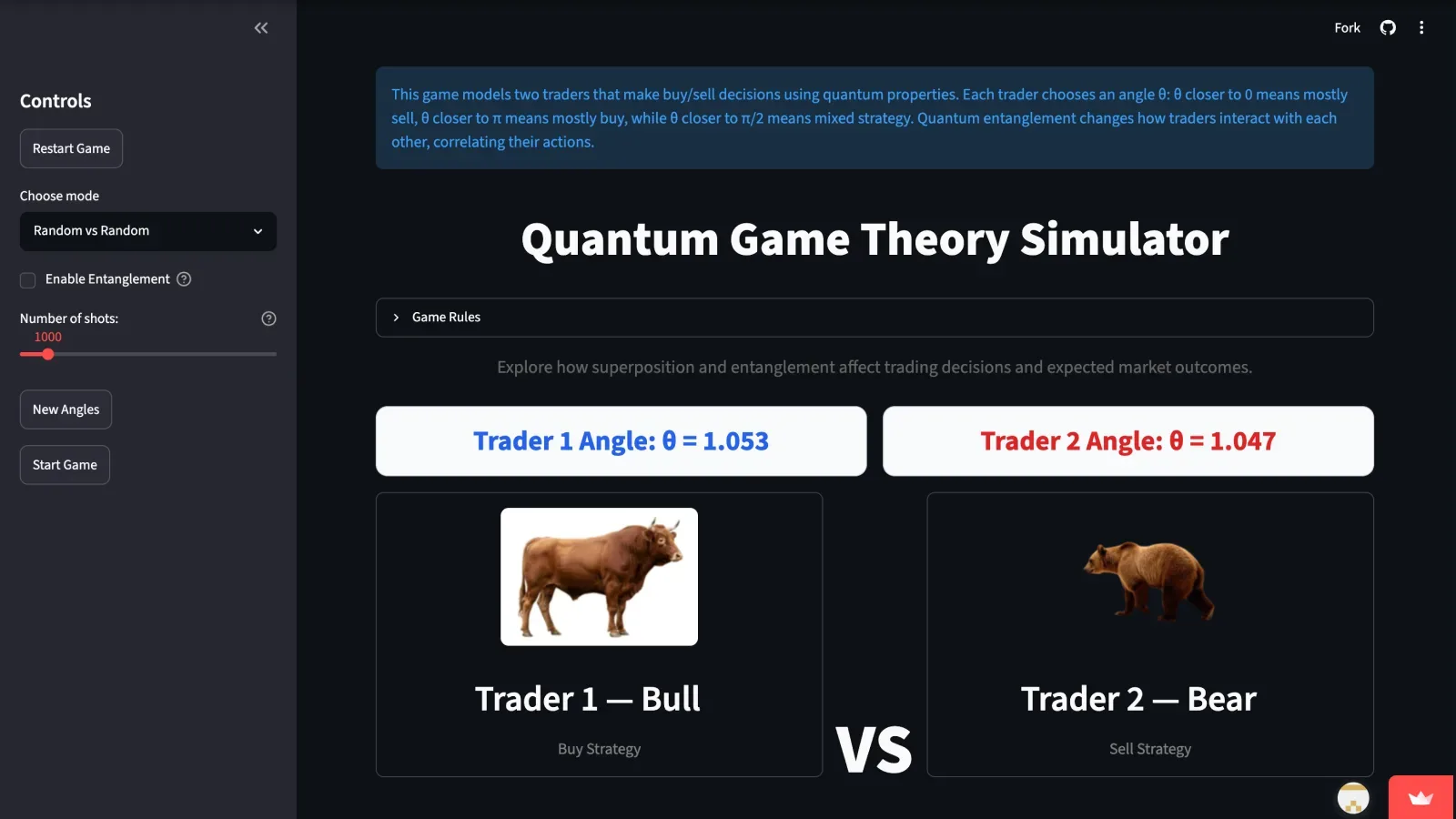 The Quantum Market Game simulator: two traders, Bull and Bear, each choosing a quantum strategy angle before the entangled game runs